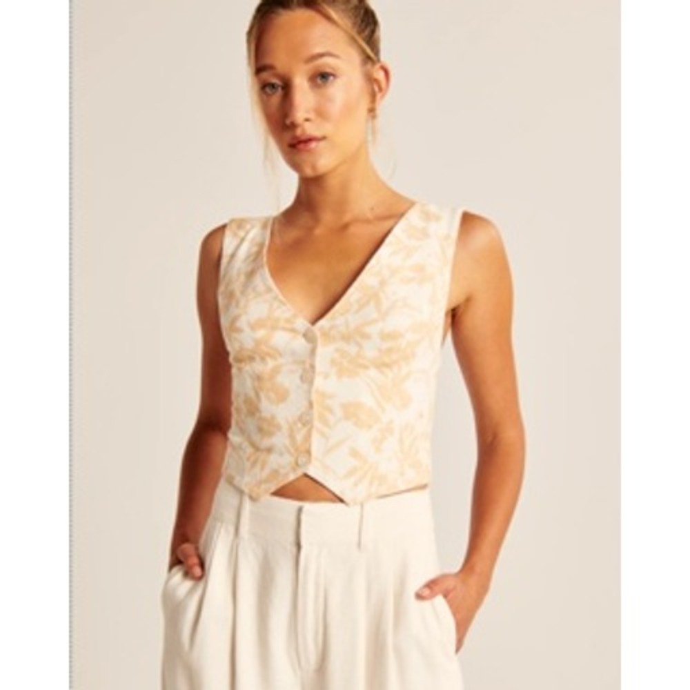 ABERCROMBIE & FITCH Linen Blend Vest Size Medium Orange Floral Coastal Boho